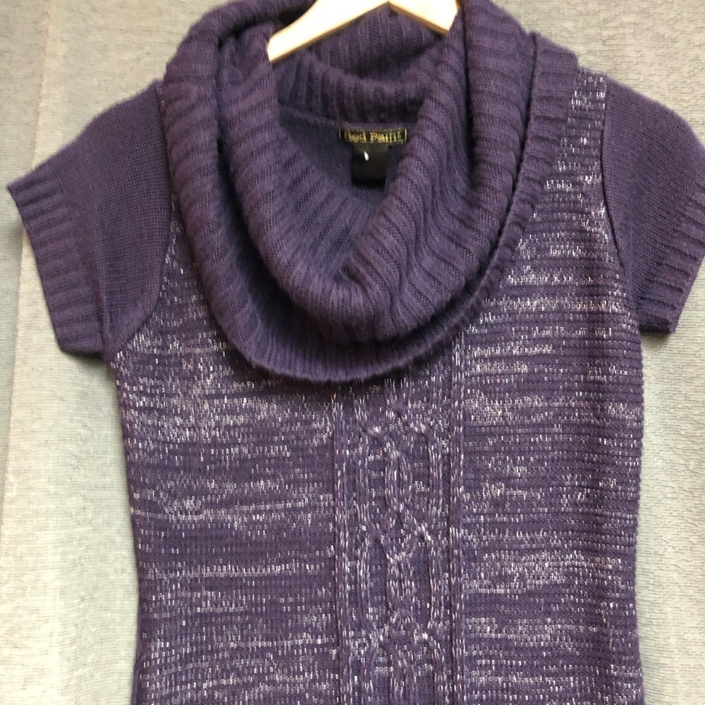 Red paint size small purple cowl neck, short sleeve sweater dress has cable knit - Picture 4 of 4